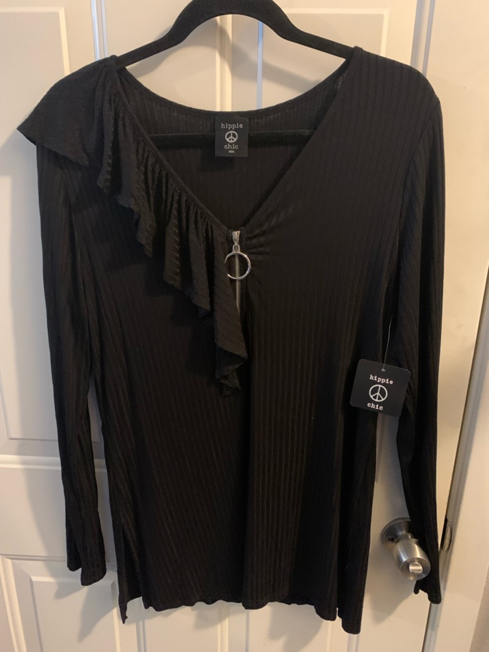 Hippie Chic Black Ruffle Zip-Front Long Sleeve Top- Size XL